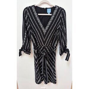 CeCe Black & White Floral Stripe V-Neck Long Sleeve Belted Dress Size 10 Polyest